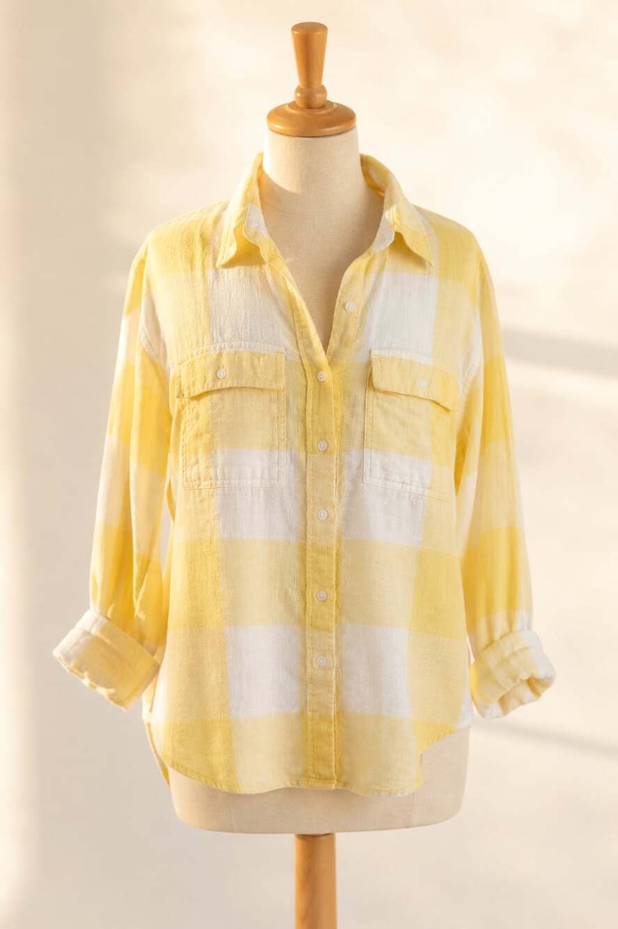 American Eagle S Butter Yellow Cotton Plaid Button Up Shirt Oversized Coastal